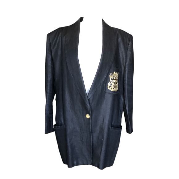 Vintage Black Blazer Jacket Gold Crest Embroidered Single Button Women's Medium - Picture 1 of 11